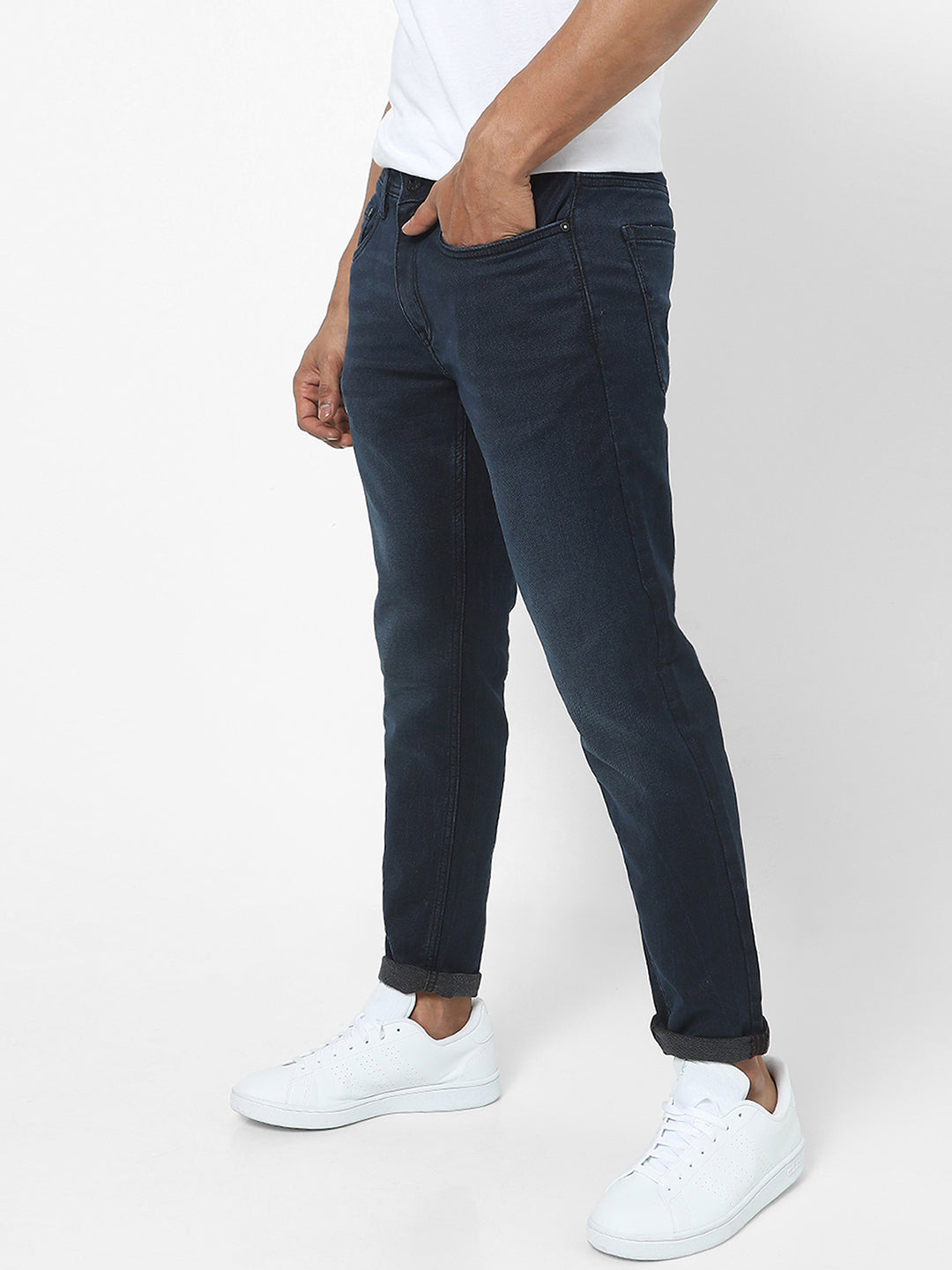 Men Slim Mid Rise Dark Blue Jeans