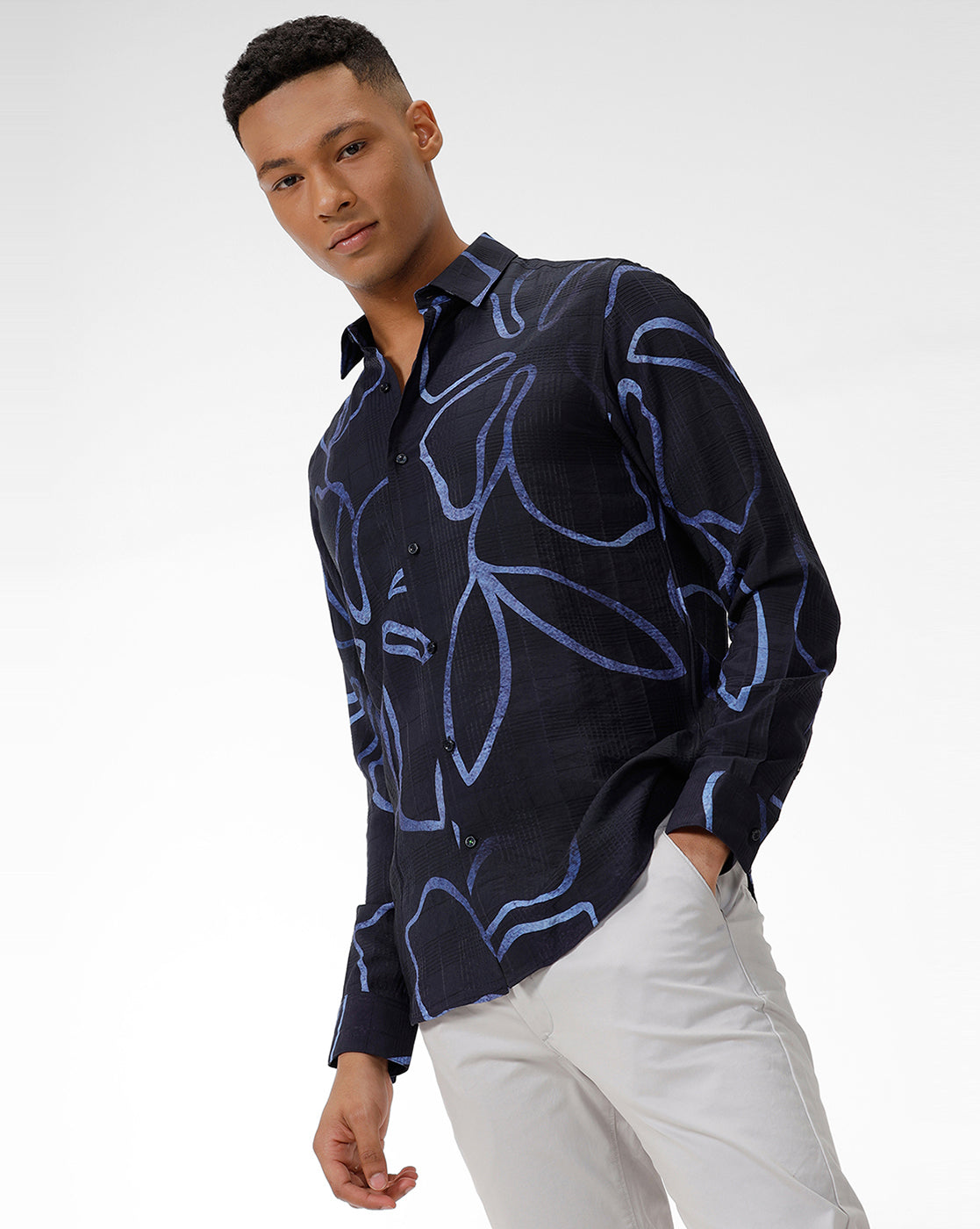 Navy Leaf Print Shirt