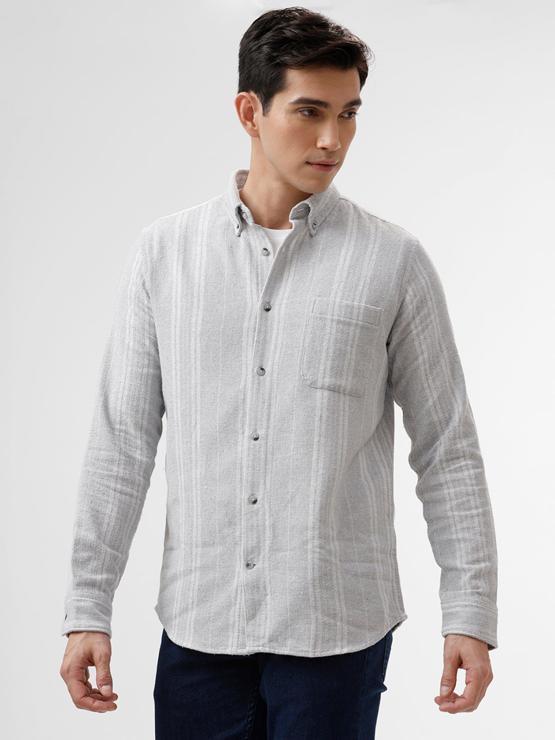 Men's Tuna White-Grey Striped Cotton Slim Fit Full Sleeves Spread Collar Casual Shirt