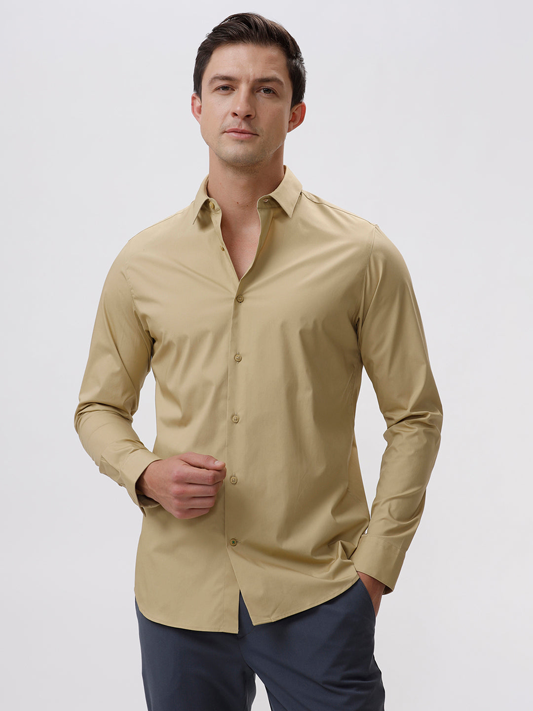 Patrick Tios Taupe Cotton Spread  Solid Shirt